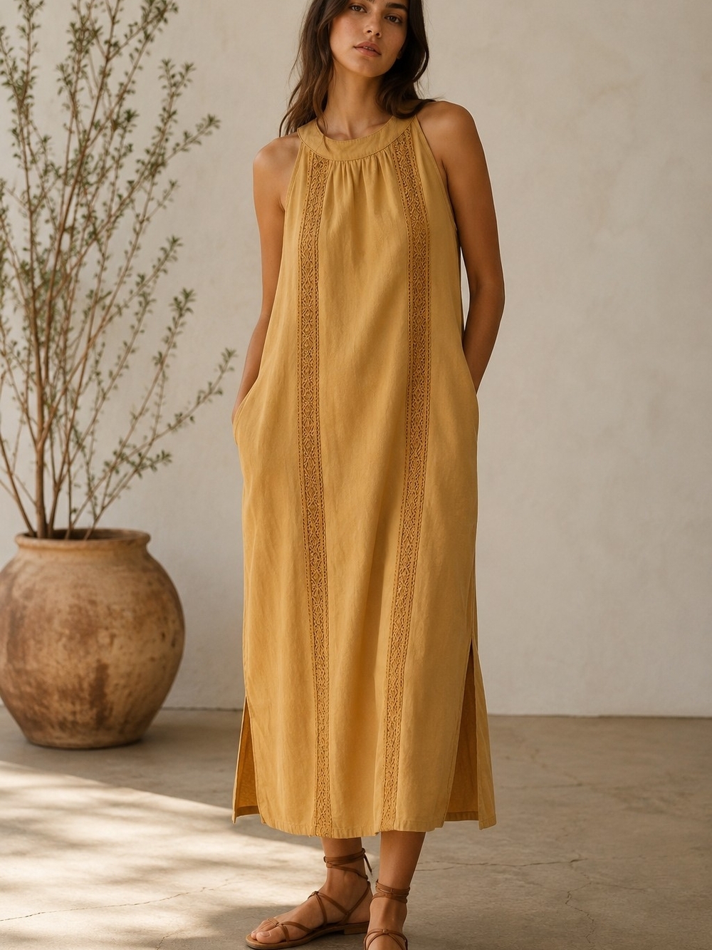 Mustard Sleeveless Shift Dress XL Crochet Lace Panel Boho Midi Tunic Pockets